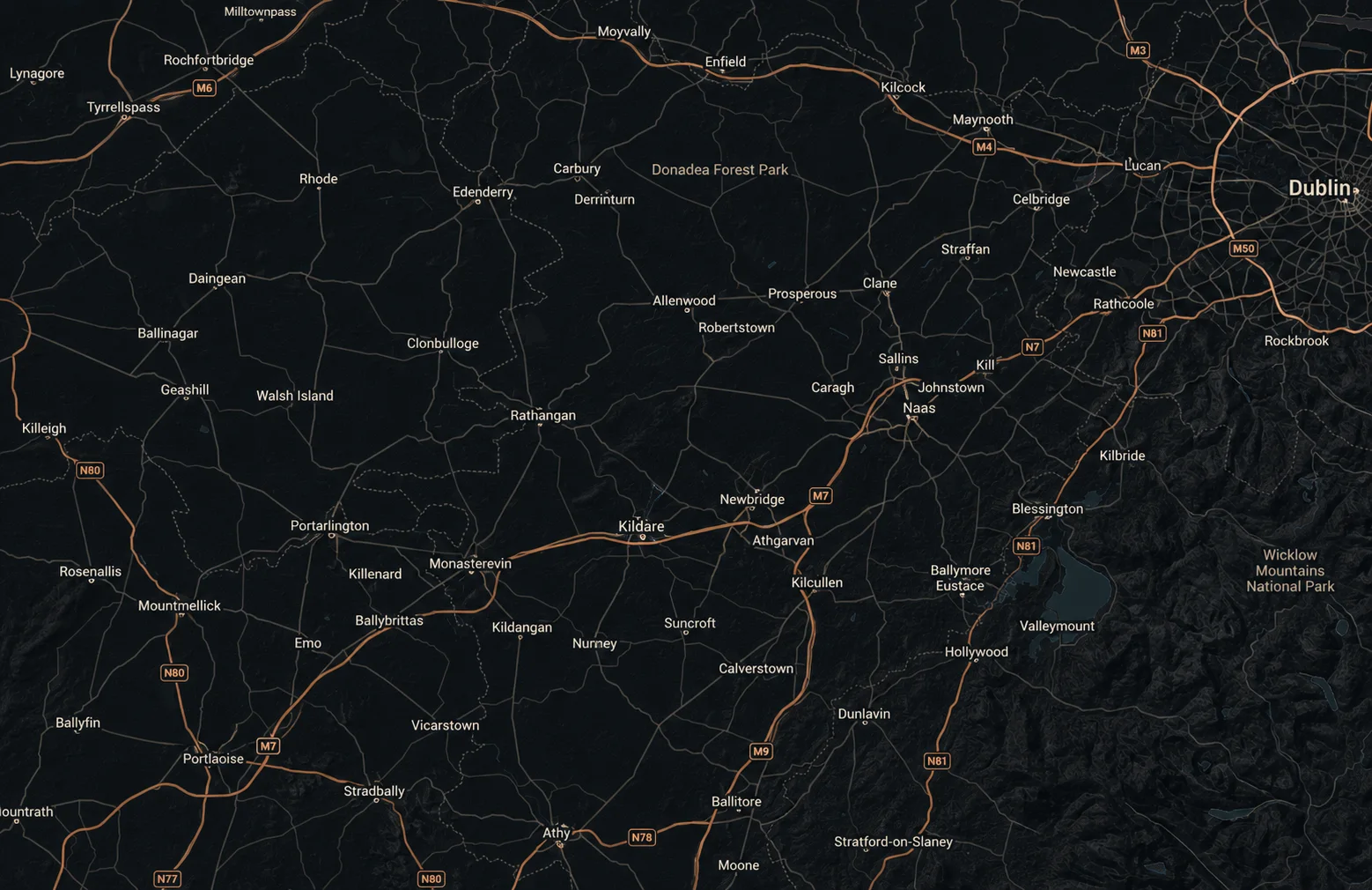 North-up map of Kildare showing the towns Primary Contractors works across